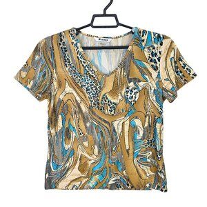 Womens Nygard Beige & Teal Abstract Blouse Short Sleeve V Neck Polyester Size M
